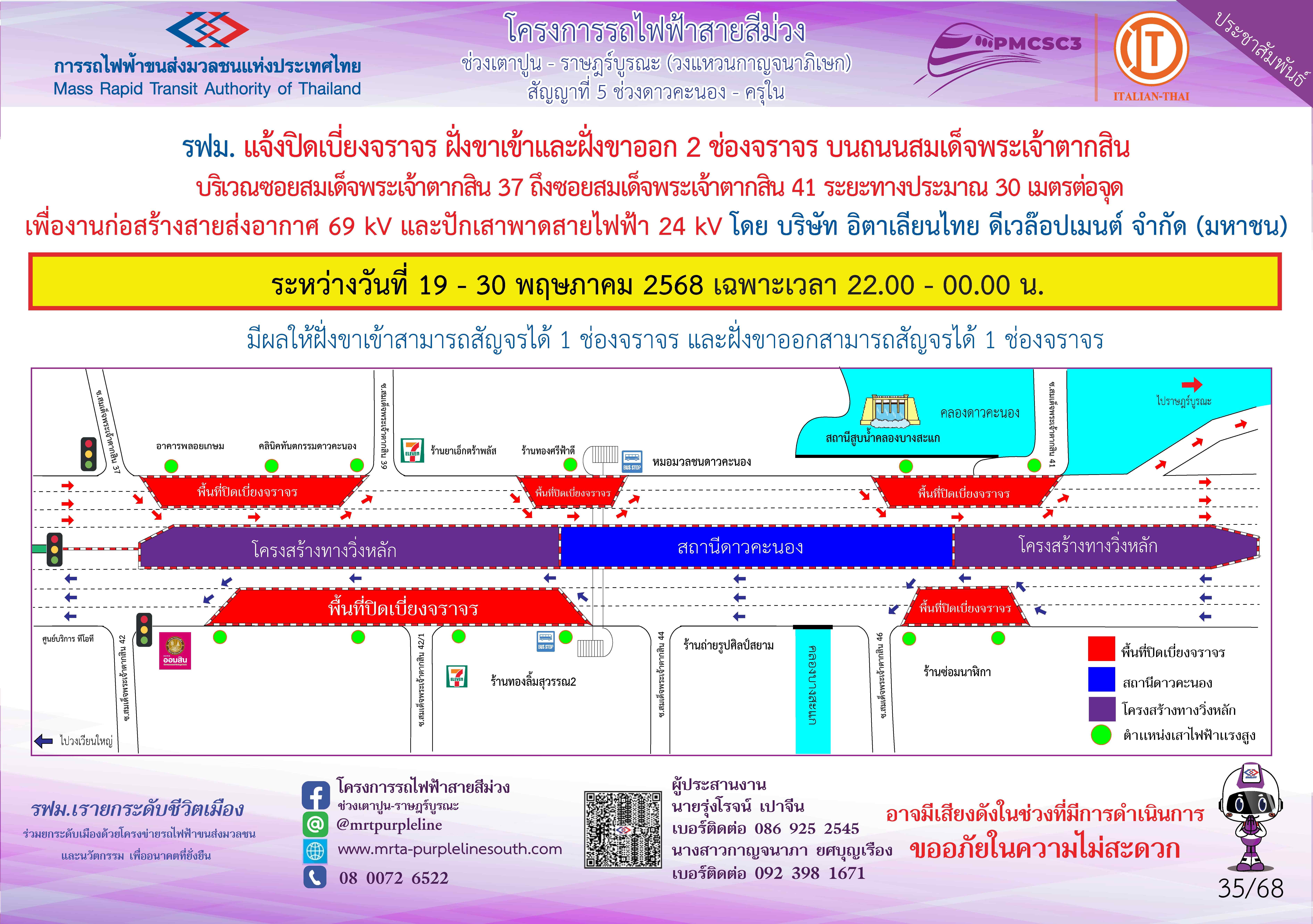 งานก่อสร้างสายส่งอากาศ 69 KV และปักเสาพาดสายไฟฟ้า 24 KV ซอยสมเด็จพระเจ้าตากสิน 37